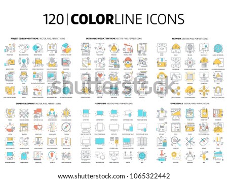 120 Color line icons, illustrations, icons, backgrounds and graphics. The illustration is colorful, flat, vector, pixel perfect, suitable for web and print. It is linear stokes and fills.