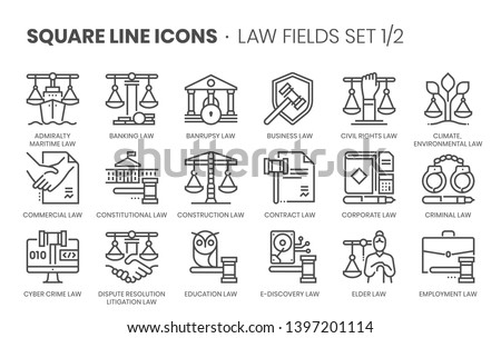 Law fields related related, pixel perfect, editable stroke, up scalable square line vector icon set. 