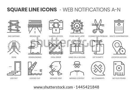Web notifications related, pixel perfect, editable stroke, up scalable square line vector icon set. 
