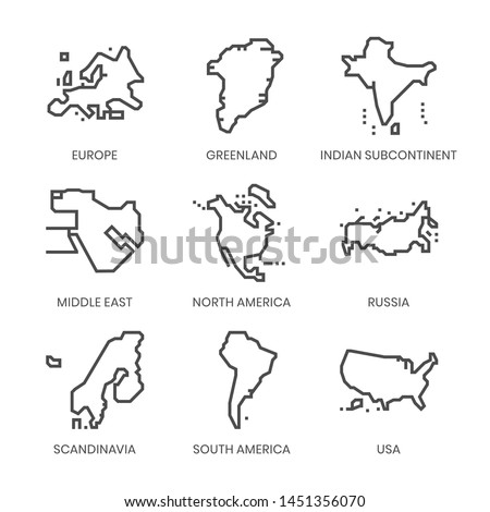 World Regions related, square line vector icon set for applications and website development. The icon set is pixelperfect with 64x64 grid. Crafted with precision and eye for quality.