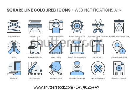 Web notifications related, square line color vector icon set for applications and website development. The icon set is editable stroke, pixel perfect and 64x64.
