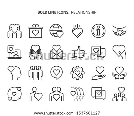 Relationship bold line icon set. The set is about love, heart, friendship, valentine, partnership, vector, editable stroke, line, outline.