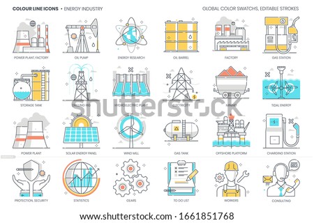Energy industry related, color line, vector icon, illustration set. The set is about power plant, factory, global warming, environment friendly, energy research, energy, ecology, plant, energy.