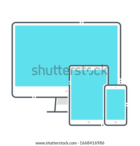 Devices related color line vector icon, illustration. The icon is about desktop, all in one, computer, mobile phone, tablet, side by side, together. The composition is infinitely scalable.