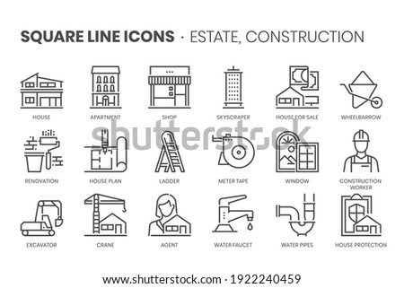 Apartment flat related, pixel perfect, editable stroke, up scalable square line vector icon set. 