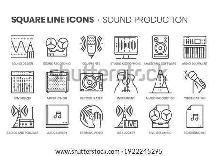 Music production related, pixel perfect, editable stroke, up scalable square line vector icon set. 