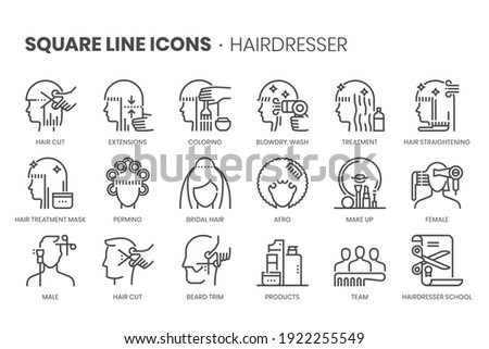 Hair dresser related, pixel perfect, editable stroke, up scalable square line vector icon set. 