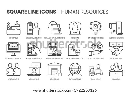 Human resources related, pixel perfect, editable stroke, up scalable square line vector icon set. 