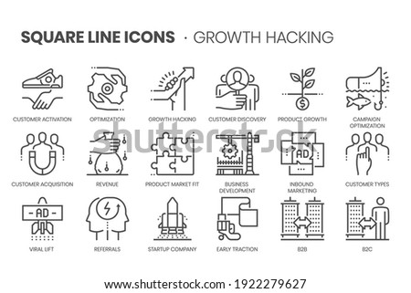 Growth hacking related pixel perfect, editable stroke, up scalable square line vector icon set. 