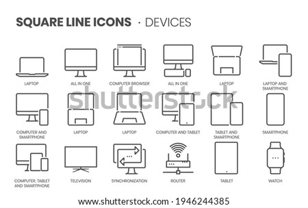 Devices related, pixel perfect, editable stroke, up scalable square line vector icon set. 