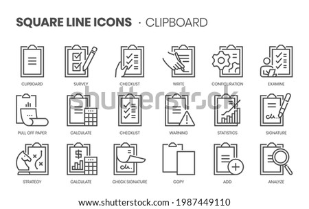 Clipboard related, pixel perfect, editable stroke, up scalable square line vector icon set. 