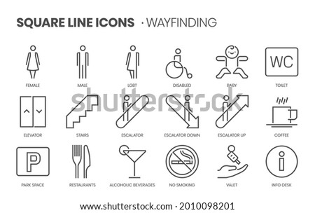 Way-finding related, pixel perfect, editable stroke, up scalable square line vector icon set. 