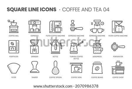 Coffee and tea 04 related, pixel perfect, editable stroke, up scalable square line vector icon set. 