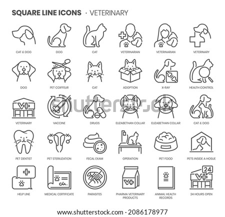 Veterinary related, pixel perfect, editable stroke, up scalable square line vector icon set. 