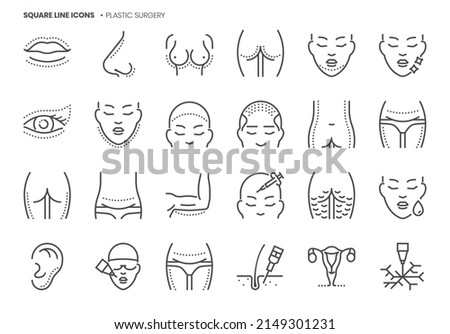 Plastic surgery related, pixel perfect, editable stroke, up scalable square line vector icon set. 