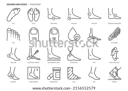 Podiatrist related, pixel perfect, editable stroke, up scalable square line vector icon set. 