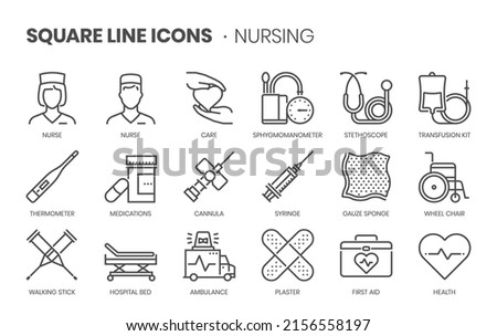 Nursing related, pixel perfect, editable stroke, up scalable square line vector icon set. 