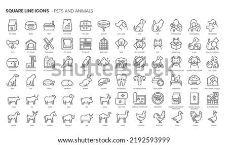Pets and animals related, pixel perfect, editable stroke, up scalable square line vector icon set. 