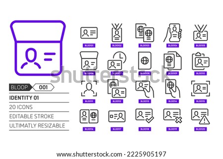 Identity documents related, pixel perfect, editable stroke, up scalable, line, vector bloop icon set. 