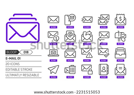 E-mail 01 related, pixel perfect, editable stroke, up scalable, line, vector bloop icon set. 
