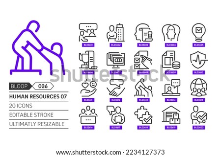 Human resources 08 related, pixel perfect, editable stroke, up scalable, line, vector bloop icon set. 
