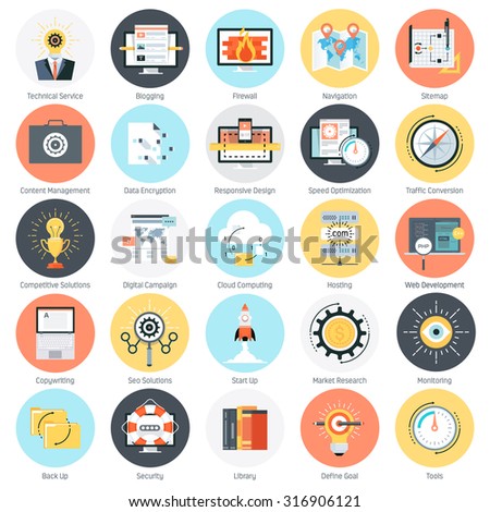 Search engine optimization theme, flat style, colorful, vector icon set for info graphics, websites, mobile and print media.