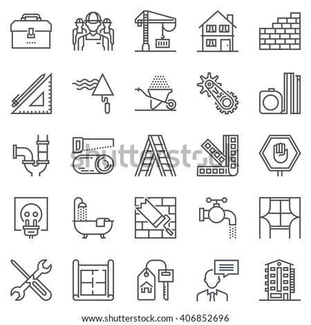 Construction theme icon set suitable for info graphics, websites and print media. Black and white flat line icons.
