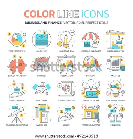 Color line, business and finance illustrations, icons, backgrounds and graphics. The illustration is colorful, flat, vector, pixel perfect, suitable for web and print. It is linear stokes and fills.