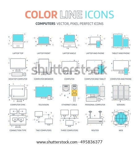 Color line, computer connection illustrations, icons, backgrounds and graphics. The illustration is colorful, flat, vector, pixel perfect, suitable for web and print. It is linear stokes and fills.