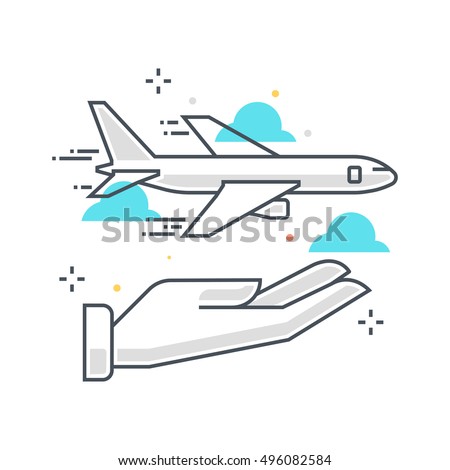 Color line, flight insurance concept illustration, icon, background and graphics. The illustration is colorful, flat, vector, pixel perfect, suitable for web and print. It is linear stokes and fills.