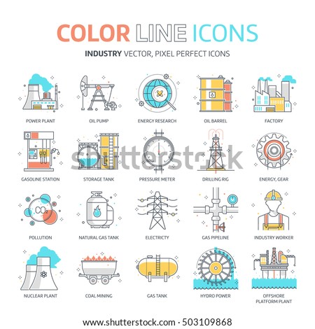 Color line, energy industry illustrations, icons, backgrounds and graphics. The illustration is colorful, flat, vector, pixel perfect, suitable for web and print. It is linear stokes and fills.