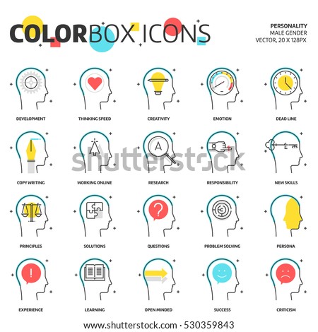 Color box icons, business and personality  illustrations, icons, backgrounds and graphics. The illustration is colorful, flat, vector, pixel perfect for web and print. It is linear stokes and fills.