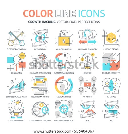 Color line, growth hacking illustrations, icons, backgrounds and graphics. The illustration is colorful, flat, vector, pixel perfect, suitable for web and print. It is linear stokes and fills.