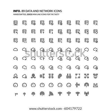 Data and network mini line, illustrations, icons, backgrounds and graphics. The icons pack is black and white, flat, vector, pixel perfect, minimal, suitable for web and print.