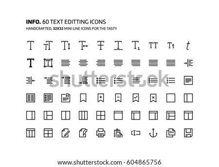 Text editing mini line, illustrations, icons, backgrounds and graphics. The icons pack is black and white, flat, vector, pixel perfect, minimal, suitable for web and print.