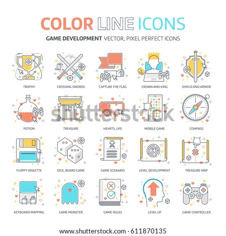 Color line, game design illustrations, icons, backgrounds and graphics. The illustration is colorful, flat, vector, pixel perfect, suitable for web and print. It is linear stokes and fills.