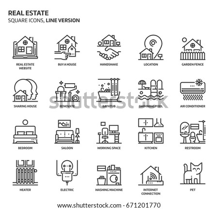Real estate related, pixel perfect, editable stroke, up scalable vector icon set. 