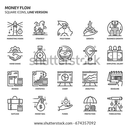 Money flow related, pixel perfect, editable stroke, up scalable vector icon set. 