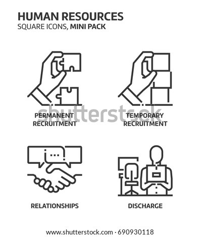 Human resources, square mini icon set. The illustrations are a vector, editable stroke, thirty-two by thirty-two matrix grid, pixel perfect files. Crafted with precision and eye for quality.