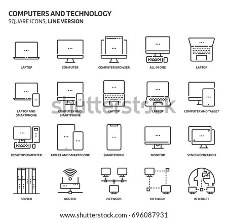 Computers and technology related, pixel perfect, editable stroke, up scalable vector icon set. 