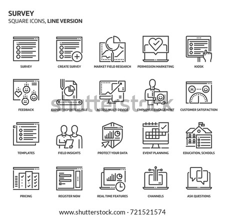 Survey  related, pixel perfect, editable stroke, up scalable vector icon set. 