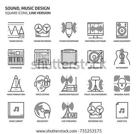 Sound design related, pixel perfect, editable stroke, up scalable vector icon set. 