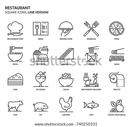 Restaurant related, pixel perfect, editable stroke, up scalable vector icon set. 