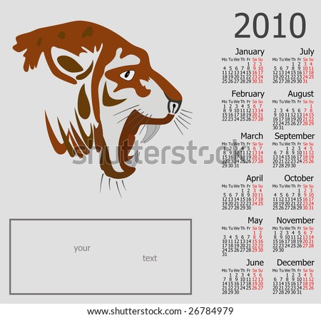 Calendar for 2010 with a head of a tiger, Monday start