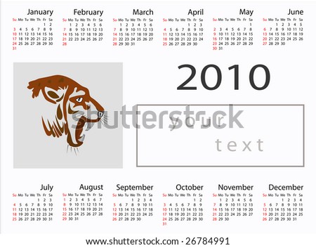 Calendar for 2010 with a head of a tiger on a white background, Sunday start