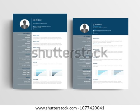 A Modern resume layout with a dark blue header and gray, left-aligned sidebar element. A4 and US letter sizes Vector Illustration