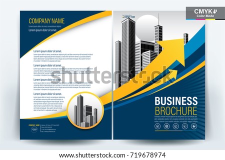 Front and back cover of a modern business brochure layout or flyer design, poster, magazine, annual report, book, booklet with blue and yellow arrow and building image. Size A4 Vector illustration