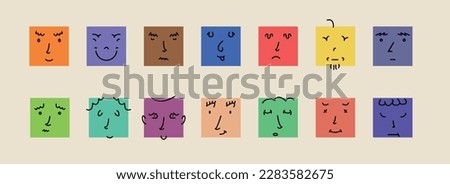 Abstract smile face icons. Cartoon square emoji avatars. Emoticon character set. Funny doodle isolated vector elements.