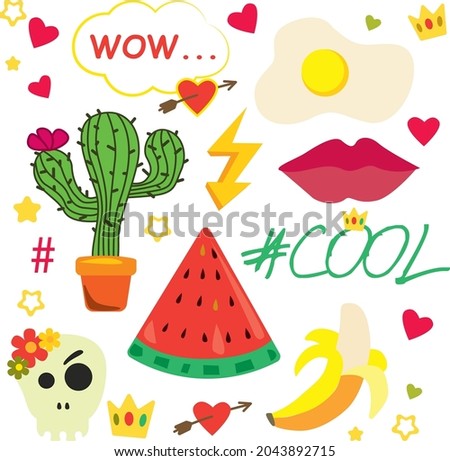 Vector sticker pack with cute ice cream banana, water mellon cactus, flowers and skull, skateboard and sunglasses 