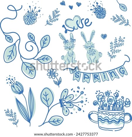 Vector set of hand-drawn doodle spring elements, flowers, leaves, berries, hearts, birds, lettering.